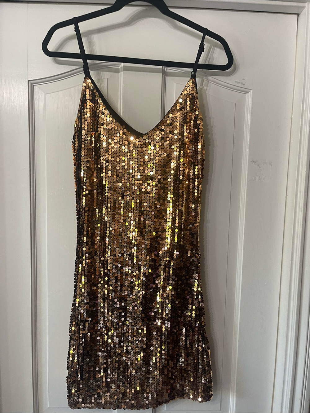 Gold Sequin Mini Slip Dress with Spaghetti Straps